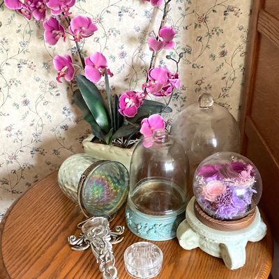 LOT 95: Home Decor - Faux Orchid Plant, Cloches, Hanging Plant Holders, Flower Frog and More