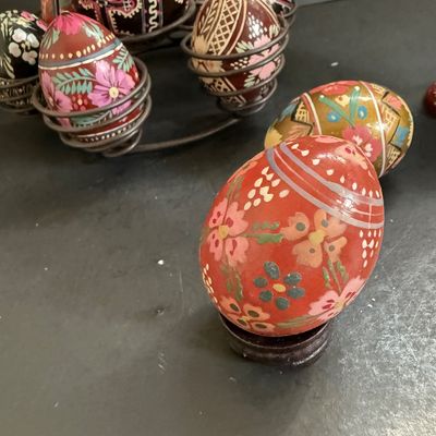 LOT 49: Ukrainian Style Fork Art Wood Eggs, Plate and Scarf and Signed Wooden Bowl