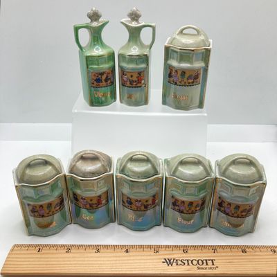 LOT 106: Sweet Vintage Collection of Lustreware Ceramic Germany Miniature Vinegar / Oil and Spice Jars