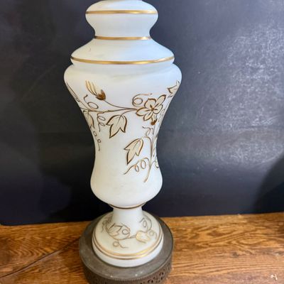 LOT 40: Vintage White Satin Glass Table Lamp with Picture and Mirror