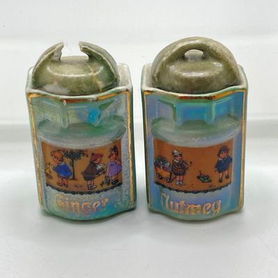 LOT 107: Vintage Collection of Lustreware Ceramic Germany Miniature Canister and Spice Jars