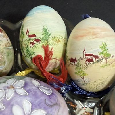 LOT 50: Collection of Hand-painted Egg Shells and Ceramic Eggs and Egg Dish