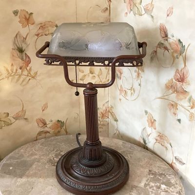 LOT 70: Vintage Banker's Desk Lamp with Frosted / Etched Floral Shade