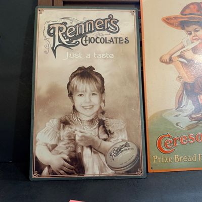 LOT 130: Vintage Advertisement Replicas on Tin and Wood