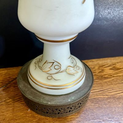 LOT 40: Vintage White Satin Glass Table Lamp with Picture and Mirror