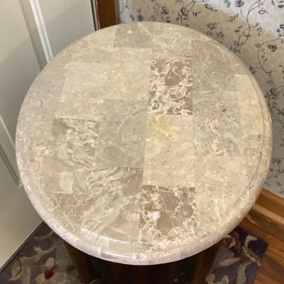 LOT 66: Wood Accent Table with Faux Marble Top, Cut Glass Pedestal Lidded Candy Dish and Decorative Lamp