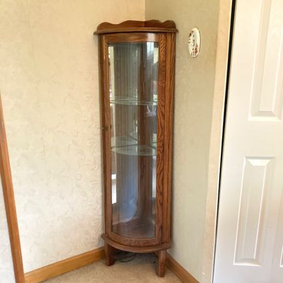 LOT 67: Small Wooden Glass Corner Curio Cabinet with Key