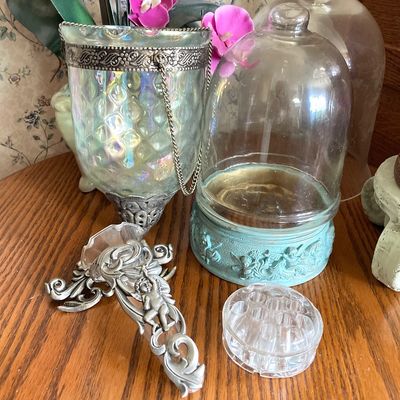 LOT 95: Home Decor - Faux Orchid Plant, Cloches, Hanging Plant Holders, Flower Frog and More