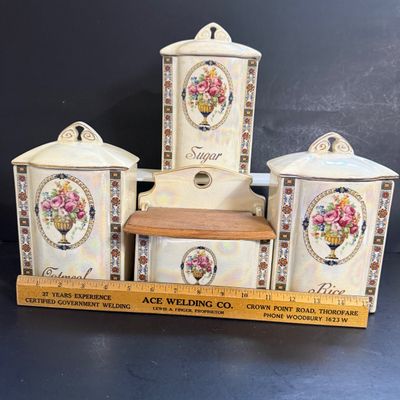 LOT 193: Collection of Czechoslovakian Lusterware Canisters and Salt Box