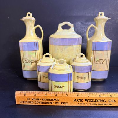 LOT 190: Vintage Czechoslovakian Lusterware Canister, Spice Jars and Decanters