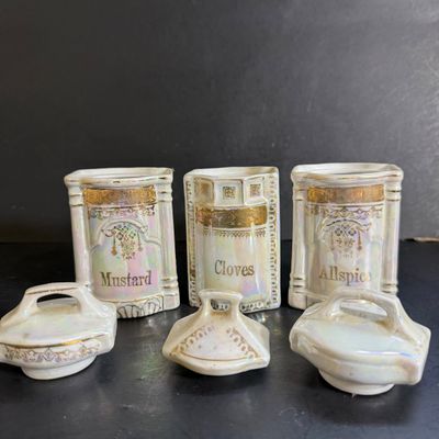 LOT 44: Vintage German Ceramic Lusterware Canisters, Spice Jars and Salt Box