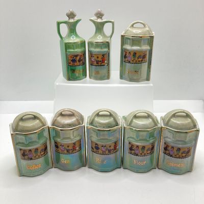 LOT 106: Sweet Vintage Collection of Lustreware Ceramic Germany Miniature Vinegar / Oil and Spice Jars