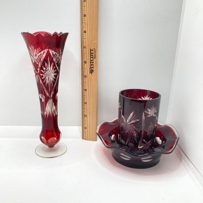 LOT 101: Beautiful Collection of Ruby / Red Cut to Clear Glass Fairy Light and Vase with Six Indiana Glass Lexington Ruby Stained Footed Cup