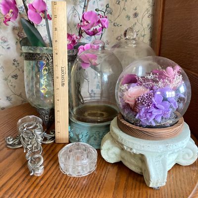 LOT 95: Home Decor - Faux Orchid Plant, Cloches, Hanging Plant Holders, Flower Frog and More