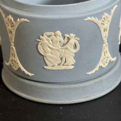 LOT 48: Wedgwood Blue Jasperware Creamer, Sugar Bowl, Trinket Box and Candle Holder