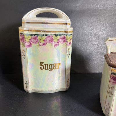 LOT 45: Vintage German Ceramic Lusterware Canisters, Spice Jars and Salt Box