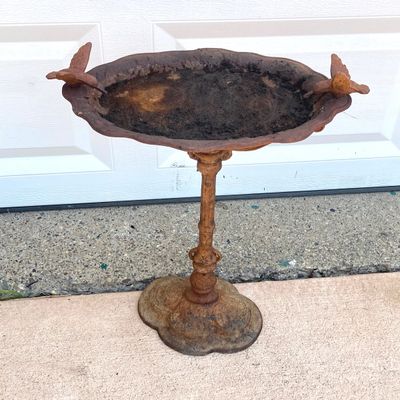 LOT 91: Vintage Garden Decor - Metal / Iron Hummingbird Feeder / Bath with Baby Coach