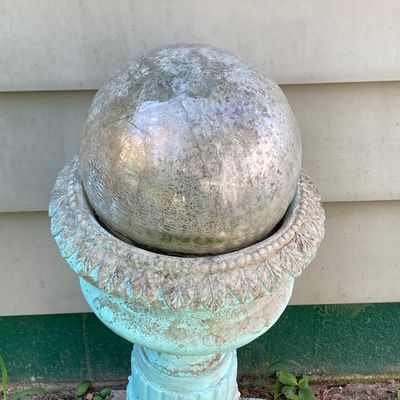 LOT 86: Outdoor / Garden Decor - Pedestal Planter / Glass Ball, Distressed Pedestal, Planter and More