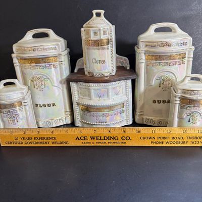 LOT 44: Vintage German Ceramic Lusterware Canisters, Spice Jars and Salt Box
