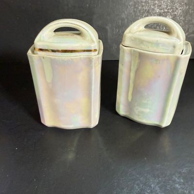LOT 45: Vintage German Ceramic Lusterware Canisters, Spice Jars and Salt Box
