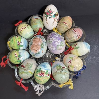 LOT 50: Collection of Hand-painted Egg Shells and Ceramic Eggs and Egg Dish