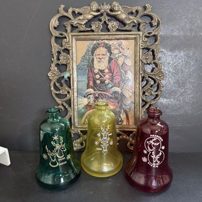 LOT 115: Vintage Wheaton Glass Christmas Bell Bottles and Framed Vintage Christmas Card