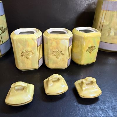 LOT 190: Vintage Czechoslovakian Lusterware Canister, Spice Jars and Decanters