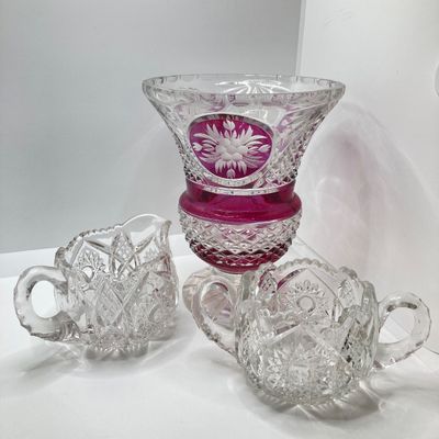 LOT 105: Crystal / Cut Glass - Ruby / Clear Vase, Salt Cellars, Creamer / Sugar Bowls and Large Pitcher