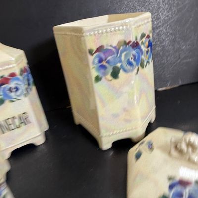 LOT 46: Vintage Cornet Czechoslovakian Ceramic Lusterware Canister, Spice Jars and Vinegar Decanter