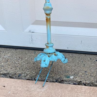 LOT 90: Vintage Garden Decor - Metal / Iron Leaf Shaped with Hummingbird Feeder and Tea Pot Garden Stake