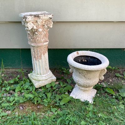 LOT 86: Outdoor / Garden Decor - Pedestal Planter / Glass Ball, Distressed Pedestal, Planter and More