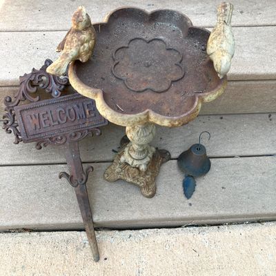 LOT 87: Cast Iron / Metal Garden Decor - Welcome Stake, Bird Feeder and Bell