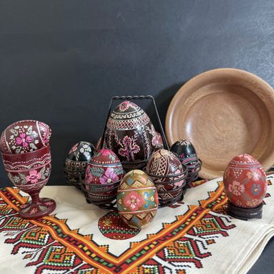 LOT 49: Ukrainian Style Fork Art Wood Eggs, Plate and Scarf and Signed Wooden Bowl