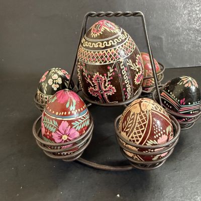 LOT 49: Ukrainian Style Fork Art Wood Eggs, Plate and Scarf and Signed Wooden Bowl