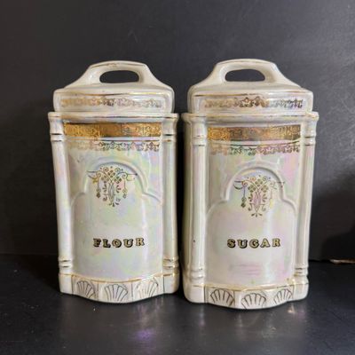 LOT 44: Vintage German Ceramic Lusterware Canisters, Spice Jars and Salt Box