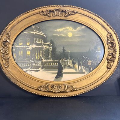 LOT 200: Framed Vintage Winter Scene, Holiday Serving Bowl and Tray, Shakers and More