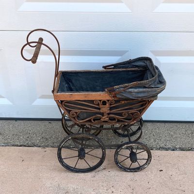 LOT 91: Vintage Garden Decor - Metal / Iron Hummingbird Feeder / Bath with Baby Coach