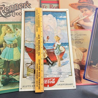 LOT 130: Vintage Advertisement Replicas on Tin and Wood