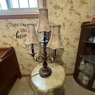 LOT 32: Hand-Painted Round Cabinet/Side Table with Lamp