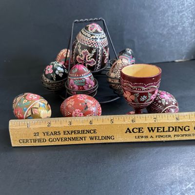 LOT 49: Ukrainian Style Fork Art Wood Eggs, Plate and Scarf and Signed Wooden Bowl