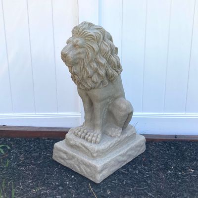 LOT 83: Garden Decor - Plastic Sand Lion Statue with Pair of Plastic / Resin Planters