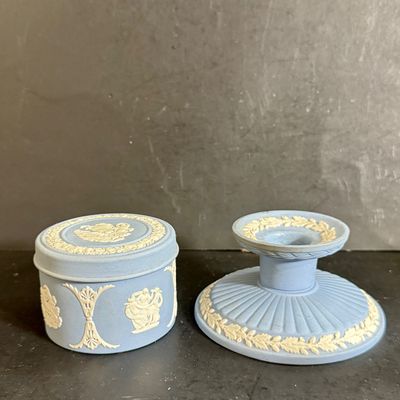 LOT 48: Wedgwood Blue Jasperware Creamer, Sugar Bowl, Trinket Box and Candle Holder