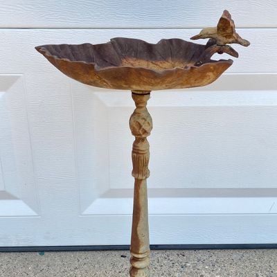 LOT 90: Vintage Garden Decor - Metal / Iron Leaf Shaped with Hummingbird Feeder and Tea Pot Garden Stake