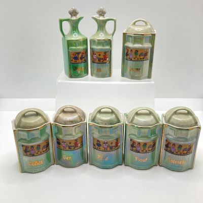 LOT 106: Sweet Vintage Collection of Lustreware Ceramic Germany Miniature Vinegar / Oil and Spice Jars