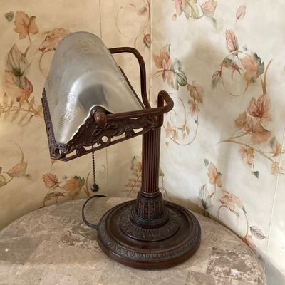 LOT 70: Vintage Banker's Desk Lamp with Frosted / Etched Floral Shade