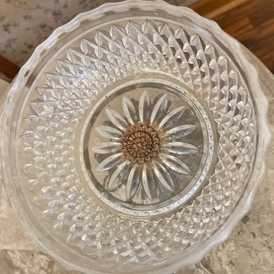 LOT 66: Wood Accent Table with Faux Marble Top, Cut Glass Pedestal Lidded Candy Dish and Decorative Lamp