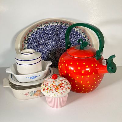 LOT 174: Kitchenware and Bakeware Collection - Corning Ware, Lailani Genuine Monkey Pod Olive Dish, Tea Kettle, Made in Poland Ceramic...