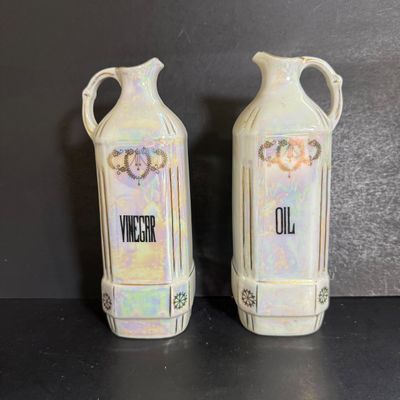 LOT 43: Vintage German Lusterware Spice Jars and Czechoslovakian Oil & Vinegar Decanters