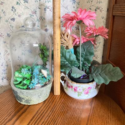 LOT 94: Collection of Planters, Vases, Faux Floral Arrangements, Cloches, Limoge's France and More