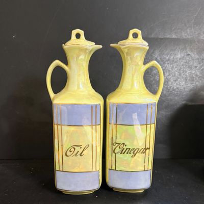 LOT 190: Vintage Czechoslovakian Lusterware Canister, Spice Jars and Decanters